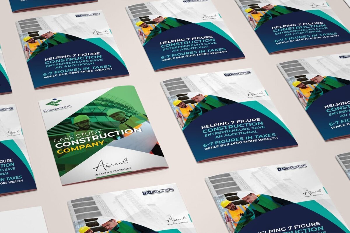 Brochure design, construction company reports shown as a brochure mockup