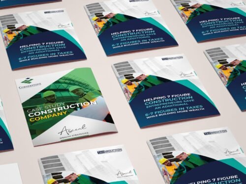 Brochure design, construction company reports shown as a brochure mockup