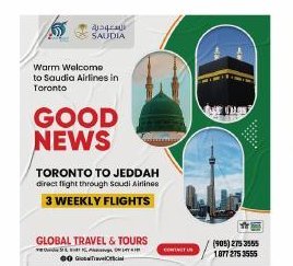Social media design for Global Travel and Tours, Saudia Toronto to Jeddah launch post