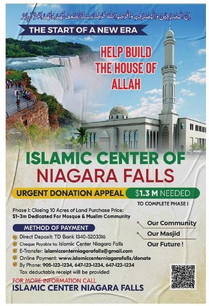 Islamic Center of Niagara Falls donation appeal flyer