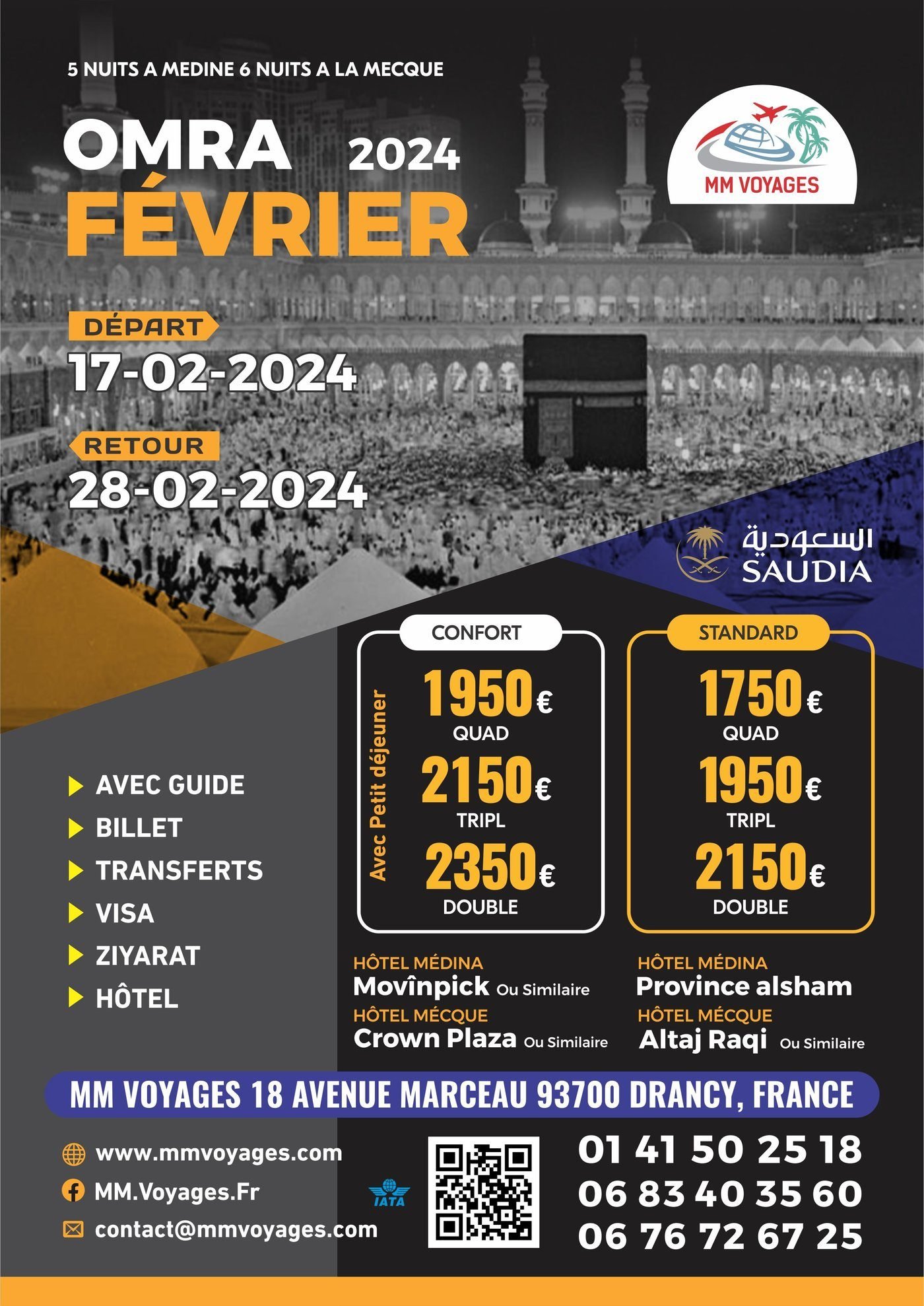 Flyer design for MM Voyages, Umrah February 2024